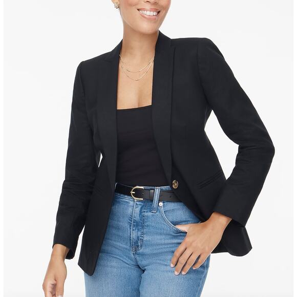 J.Crew Linen Blend One Button Blazer Jacket Classic Minimalist Black US 00 NWT